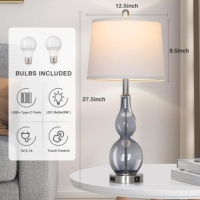 27.5" Gray Clear Glass Table Lamp Set of 2,3-Way Dimmable Touch Control Bedside Lamps with USB Ports and AC Outlet, Modern Nightstand Lamps for Bedroom Living Room - Bloomnest