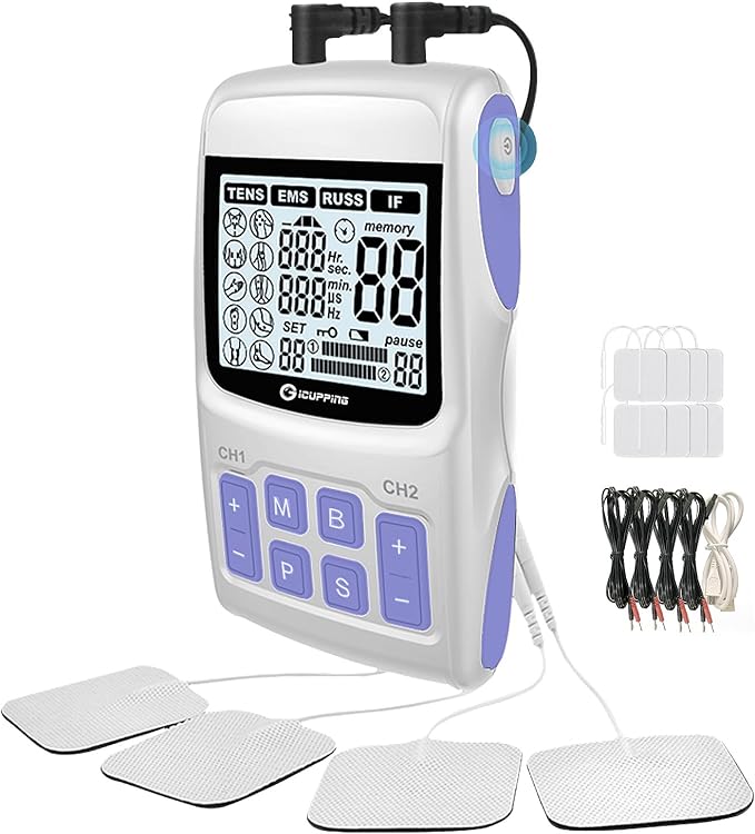 TENS Unit Muscle Stimulator - 8 Electromagnetic Massage Cups for Deep Tissue Back Pain Relief, Joint Therapy & Muscle Stimulation, Includes EMS & Cupping Therapy Sets