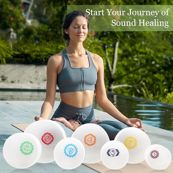 432HZ 6-12 Inch 7 Pcs Chakra Design Frosted Crystal Singing Bowl Set for Meditation Healing Yoga Chakra Quartz Crystal Sound Bowls with Heavy Duty Carry Cases and Rubber Mallet,Suede Striker,O-rings - Bloomnest