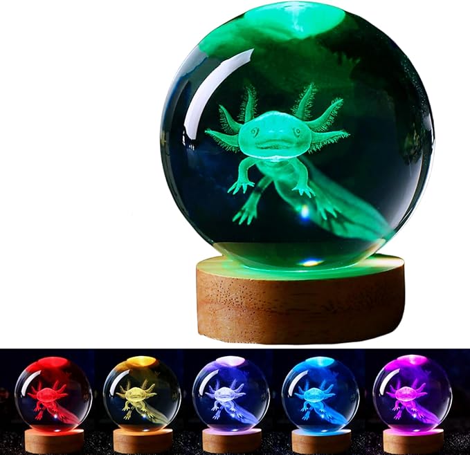 3.15 inch Axolotl Crystal Ball Lamp,3D K9 Crystal Ball Night Light with Wooden Base,16 Colors Change with Remote Control,Clear Glass Light,Birthday Gift for Friends (Axolotl) - Bloomnest