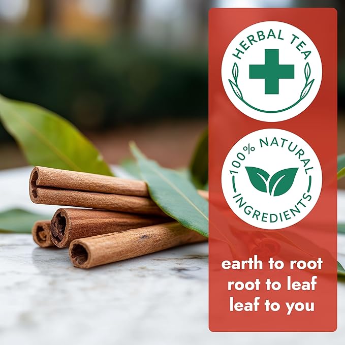 Vital Bloom Pure Cinnamon Tea, warm, spicy flavor, 100% Natural, Caffein Free, Hot or Cold Brew Herbal Tea, Bleach Free Tea Bags, Non GMO (Free Bamboo Tongs included) - Bloomnest