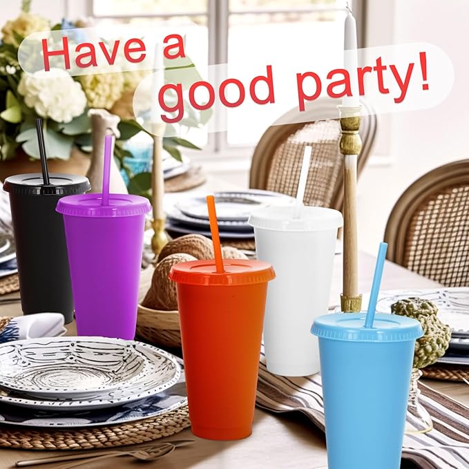 Honeydak 60 Pcs Tumbler with Straw and Lid Bulk Water Bottle Iced Coffee Travel Mug Cup Reusable Plastic Cups for Party Birthdays 24-27 oz (Solid Color) - Bloomnest