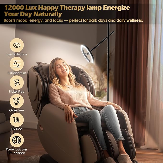 Happy Light Therapy Lamp, 12000 LUX UV-Free Sunlight Floor Lamp with Remote, Full Spectrum Sun Lamp, 4 Color Temps 2700-6500K & 7 Brightness & Timer LED Lamp for Living Room Bedroom Home Office, Black - Bloomnest