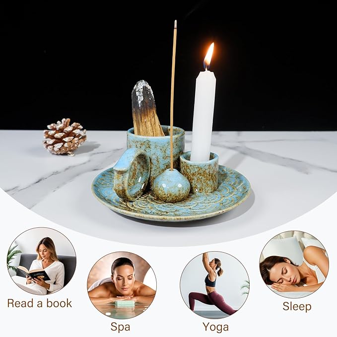 5-in-1 Ceramic Palo Santo Burner Holder Blue -Small Candle Holder & Smudge Burning Tray Bowl,Fits Incense Sticks/Cones, Sage.Zen Altar for Meditation Room, Aromatic Scents, Matches Compatible - Bloomnest