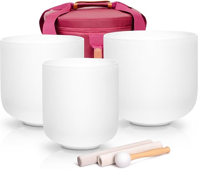 Alioth (6"B+7"G+8"D) Set of 3 432HZ Crystal Singing Bowls with Sturdy Carrying Case and Singing Bowl Mallets - Bloomnest