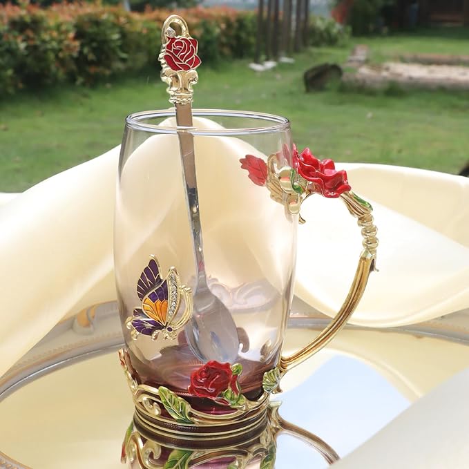 Flower Tea Cup ,Butterfly Rose Clear Glass Fancy Coffee Mug with Spoon,Gift Box for Her Mom Wife Grandma Girls Friends Valentines Christmas Birthday Present Idea for Juice,Hot And Cold Drinks Use - Bloomnest
