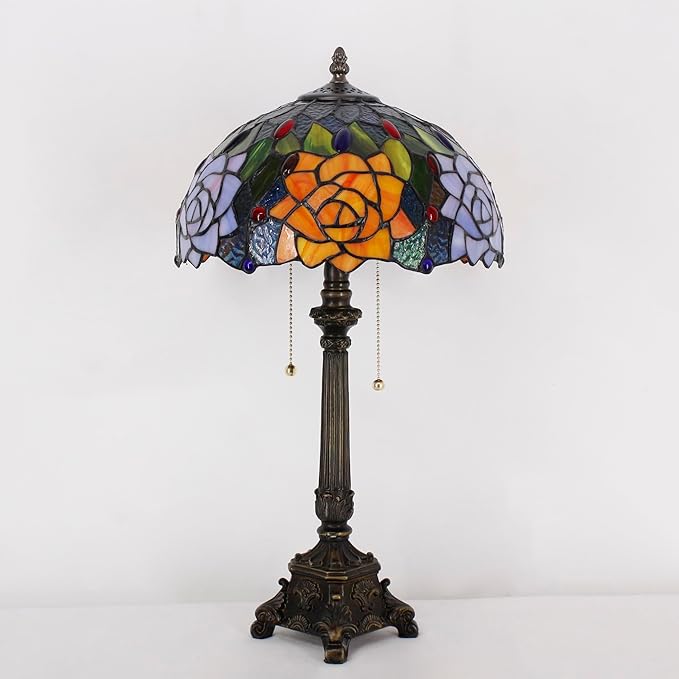 Tiffany Lamp Orange Rose Flower Style Stained Glass Table Lamp Desk Reading Light 12X12X21 Inches with Resin Base Decor Bedroom Living Room - Bloomnest