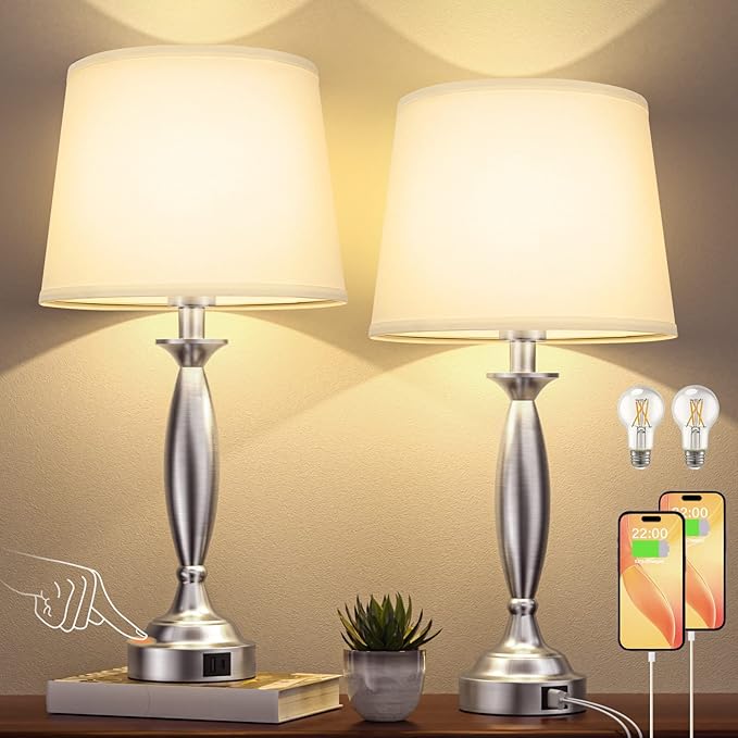 White Lamps for Bedrooms Set of 2 - Touch Control Bedside Lamp with USB C+A, 3 Way Dimmable Nightstand Lamps with USB Port, Table Lamp for Living Room(White Shade and Nickel Base) - Bloomnest