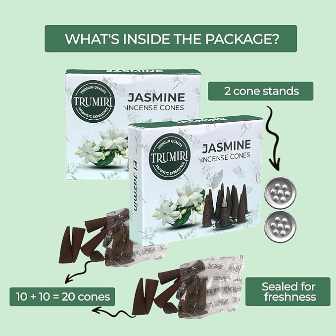 TRUMIRI Jasmine Incense Cones - Total 20 Cone Incense - Dual Pack of 10 Insence Cones - Incense Cones Scented - Cone Incense Scents - Insense Cones - Incent Cone TRUMIRI