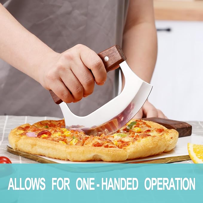 Ulu Knife - Sharp Rocker Mezzaluna Knife with Stand for Cutter Pizza, Meat, Vegetables, Herb, Salad, Stainless Steel Blade, Walnut Wood Handle, Kitchen Essentials Accessories and Gadgets Tools - Bloomnest