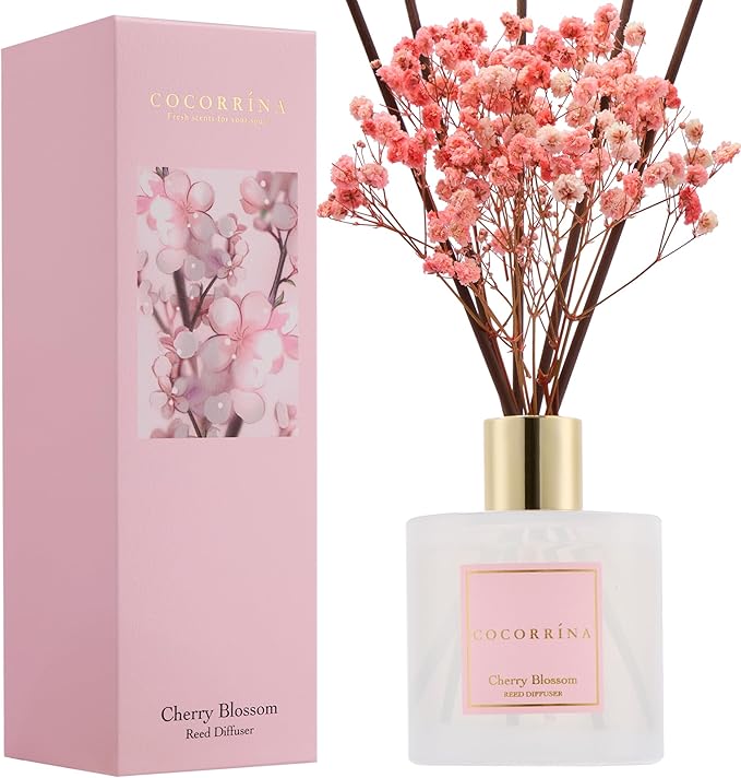 COCORRÍNA Reed Diffuser - Cherry Blossom 6.7 Fl.oz Reed Diffuser Set with Sticks & Preserved Baby's Breath, Reed Diffuser for Home Bathroom Shelf Decor - Bloomnest