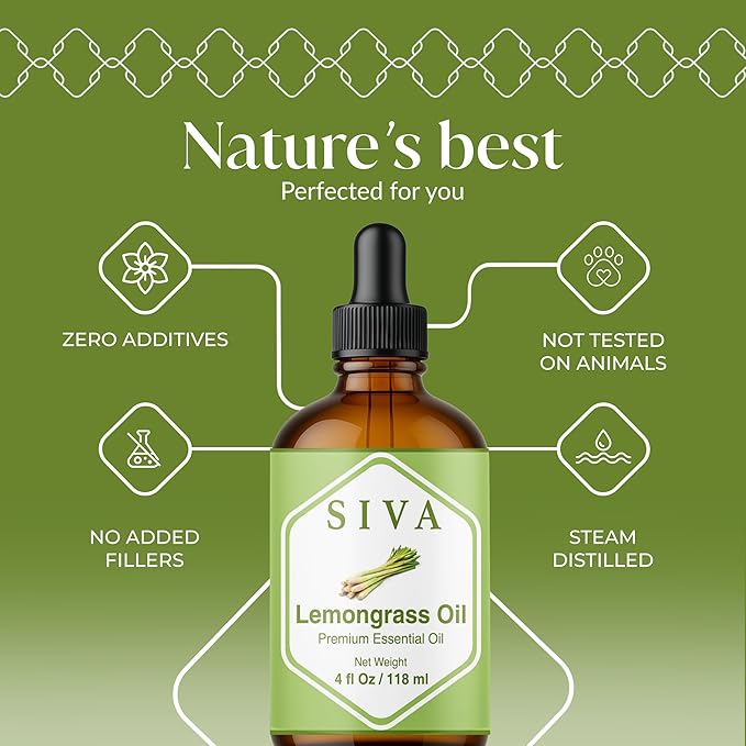 Siva Lemongrass Essential Oil - 4 Fl Oz – 100% Natural Lemongrass Oil - for Diffuser, Face, Skin Care, Aromatherapy, Hair Care, Scalp and Body Massage - with Dropper - Bloomnest