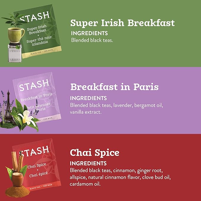 STASH Black Tea Variety Pack – Caffeinated, 6 Boxes of 18-20 Tea Bags Each – Orange Spice, Peach, Double Bergamot Earl Grey, Chai Spice, Super Irish Breakfast & Breakfast in Paris - Bloomnest