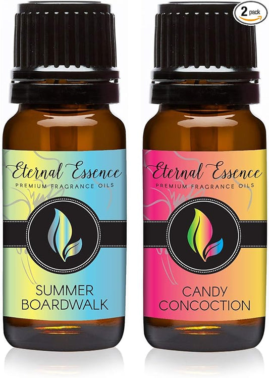 Eternal Essence Oils 2 Pack 10ml Premium Fragrance Oil - Summer Boardwalk & Candy Concoction - for Candle, Soap Making, Aromatherapy, Diffusers, Home Care, & Humidifiers EternalEssenceOils
