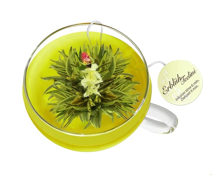 Creano Bloomning Tea Gift Set with Tea-Glass 7oz and 8 Tea-Flowers in Cup Size - Green Tea - Gift for Women, Mother, Tealovers - Bloomnest