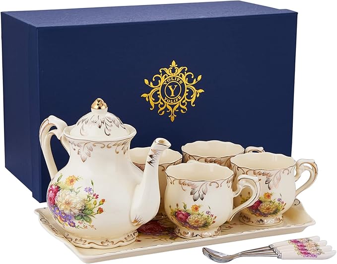YOLIFE Porcelain Tea Set, Vintage Flowering Shrubs Teapot and Cups Set for Tea Party, Birthday Gifts for Mom Adults Women Wedding - Bloomnest