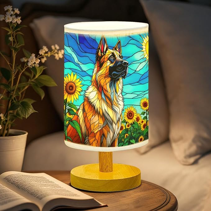 Anatolian Shepherd Table Lamp LED 3-Color Pressed Bedside, Dog Shade Lamp with Wood Base for Bedroom Living Room Desk Office - Bloomnest