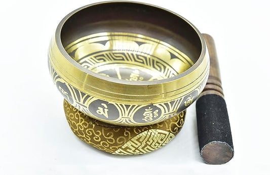 5" Tibetan Meditation Yoga Singing Bowl Black Set with free Wooden Mallet and Silk Cushion from Nepal, Singing bowls. (Black) - Bloomnest