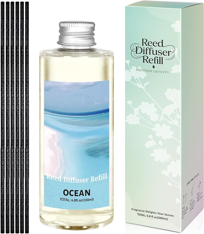 STRN Reed Diffuser Oil Refill, Ocean Scented Diffuser Oil Refills with 6 Reed Sticks 200ML(6.8fl.oz), Room Fresheners for Home, Long-Lasting Fragrance for Living Room, Bedroom, Office, Home Décor - Bloomnest