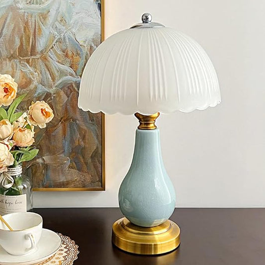 Large Table Light 3 Color Adjustable Ceramic Lamp Vintage Nightstand Lamps Dimmable Bedside Table Lamps for Living Room Bedroom Home Office (Cyan) - Bloomnest