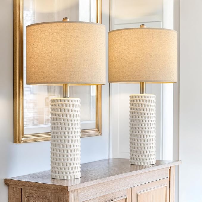 PORTRES 24" Farmhouse Ceramic Table Lamp Set of 2 for Bedroom Living Room White Desk Decor Bedside Lamps for Study Room Office Dorm Modern Accent Nightstand Lamp End Table Lamps - Bloomnest