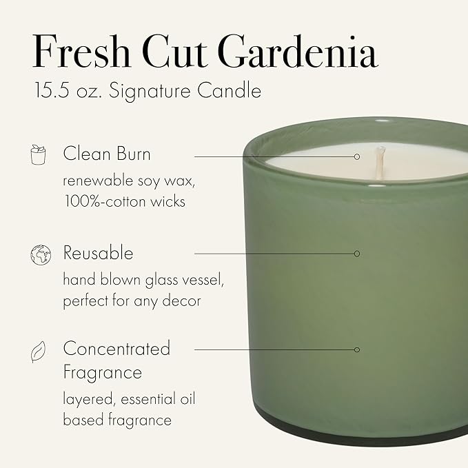 LAFCO New York Signature Candle, Fresh Cut Gardenia - 15.5 oz - 90-Hour Burn Time - Reusable, Hand Blown Glass Vessel - Made in The USA - Bloomnest