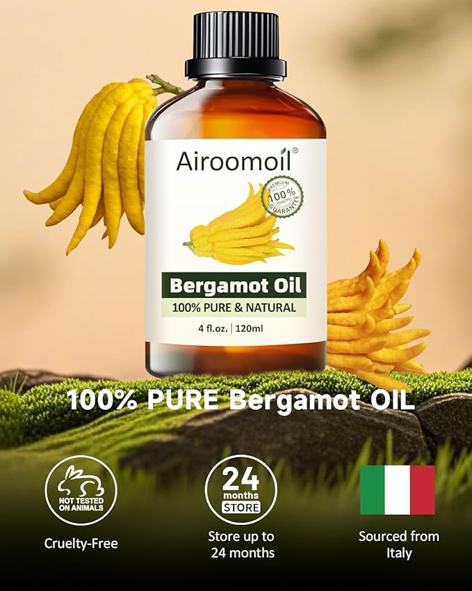 Pure Bergamot Essential Oil, 100% Natural Citrus Oil for Diffusers, DIY Candles, Soap Making, Massage & Aromatherapy, 4 fl oz | 120ml| Large Capacity Natural Fragrance Oil Airoomoil