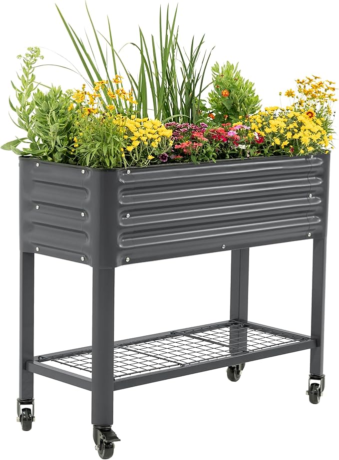 Rolling Elevated Raised Garden Bed - Slim Series, 1.5' x 3.5' Outdoor Planters Boxes with Legs & Storage Rack for Patio, 500 Lbs Weight Capacity, Raised Beds for Gardening Herbs Flowers, Modern Gray - Bloomnest