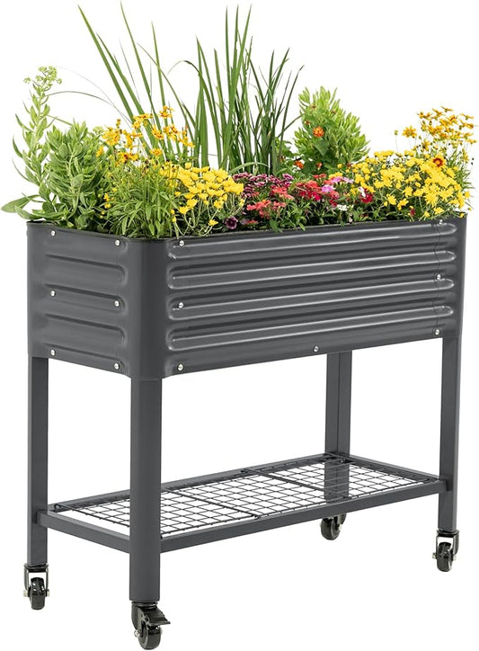 Rolling Elevated Raised Garden Bed - Slim Series, 1.5' x 3.5' Outdoor Planters Boxes with Legs & Storage Rack for Patio, 500 Lbs Weight Capacity, Raised Beds for Gardening Herbs Flowers, Modern Gray - Bloomnest