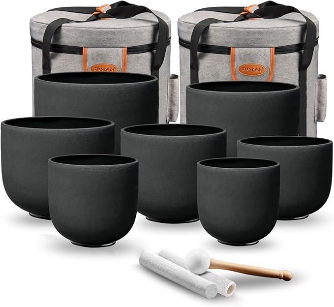 Ryan Dvan 7-12 Inch Black 7 Crystal Singing Bowl Set Frosted Quartz Crystal Sound Therapy Kit with Mallets 2 Cases O-Ring for Yoga Meditation Energy Balancing Reiki Healing - Bloomnest