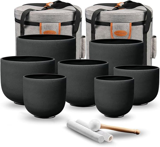 Ryan Dvan 7-12 Inch Black 7 Crystal Singing Bowl Set Frosted Quartz Crystal Sound Therapy Kit with Mallets 2 Cases O-Ring for Yoga Meditation Energy Balancing Reiki Healing - Bloomnest