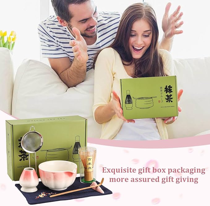 Matcha Whisk Set, 7-Pack Peach Pink Matcha Set - Include Petal Matcha Bowl with Spout, Bamboo Whisk, Chasen Holder, Sifter, Scoop, Tea Towel, Scoop Rest - Perfect Matcha Making Kit for Tea Lover - Bloomnest