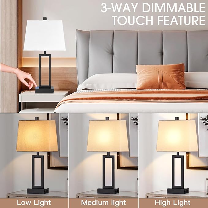 23.5" Touch Control Table Lamps Set of 2, Bedside Lamp with 2 USB Ports & AC Outlet, 3-Way Dimmable Nightstand Lamp with White Linen Shade for Living Room Bedroom End Table Office(2 LED Bulb Included) - Bloomnest