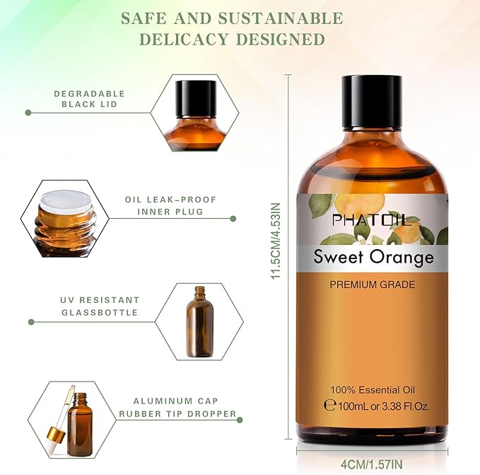 Sweet Orange 3.38fl.oz Essential Oil, PHATOIL Aromatherapy Essential Oils for Diffuser, Humidifier, Perfect for DIY Soap, Candle, Bath Bombs Making(100ml) - Bloomnest
