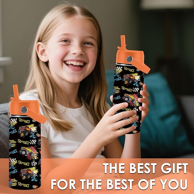 Truck Gifts for Kids - 16 Oz Kids Water Bottle with Straw Lid, Stainless Steel Insulated Tumbler, Leak Proof, BPA-Free, for Girls, School, Travel - Truck Lovers Children Birthday Gifts Cups(1pc) - Bloomnest