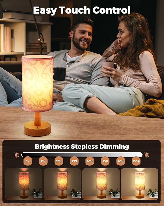 Cordless Table Lamp, 2200mAh Battery Operated Desk Lamp, Touch Bedside Lamps for Night Stands, Warm Light Mini Boho Lamp, Wood Base Round Flaxen Fabric Shade for Living Room,LED Bulb Included (Purple) - Bloomnest