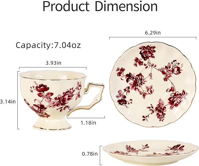 KAMMAK Tea Cups and Saucers Set of 2, Porcelain Coffee Cups, 7-Ounce Stackable Espresso Mugs, Ceramic Demitasse for Coffee, Latte, Americano, Tea, Red Orchid - Bloomnest