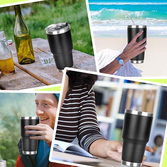 30 oz Tumbler with Lids and Straws Double Wall Vacuum Insulated Tumbler Cup,Stainless Steel Leak-proof Thermal Tumbler Powder Coated Travel Coffee Mug for Cold and Hot Drinks,Black - Bloomnest