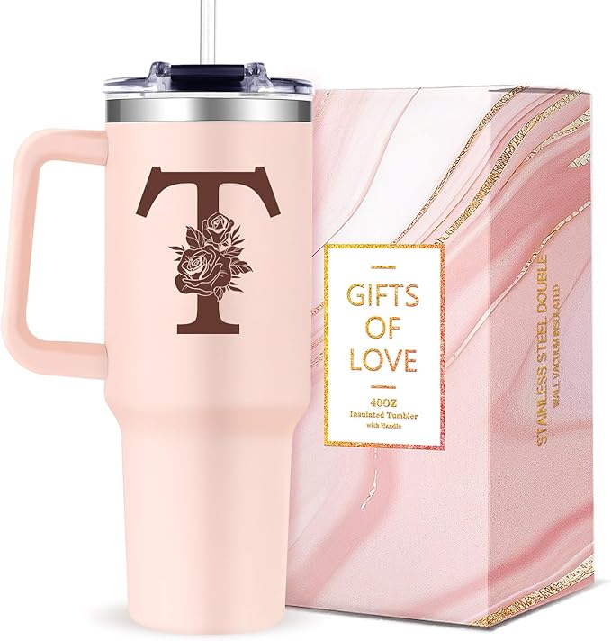 Monogrammed 40oz Tumbler with Handle for Women, Personalized Birthday Gifts for Women,Initial Cups for Woman Pink Letter T,Customized Gifts for Female Lady Gift for Mothers Day Christmas - Bloomnest