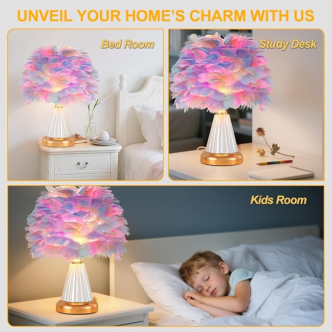 Colorful Feather Table Lamp Cute Ceramic Fluffy Bedside Lamp Princess Furry Nightstand Light Girl Romantic Desk Lamp for Girl Bedroom Living Room Office Nursery Valentines Wedding Decor - Bloomnest