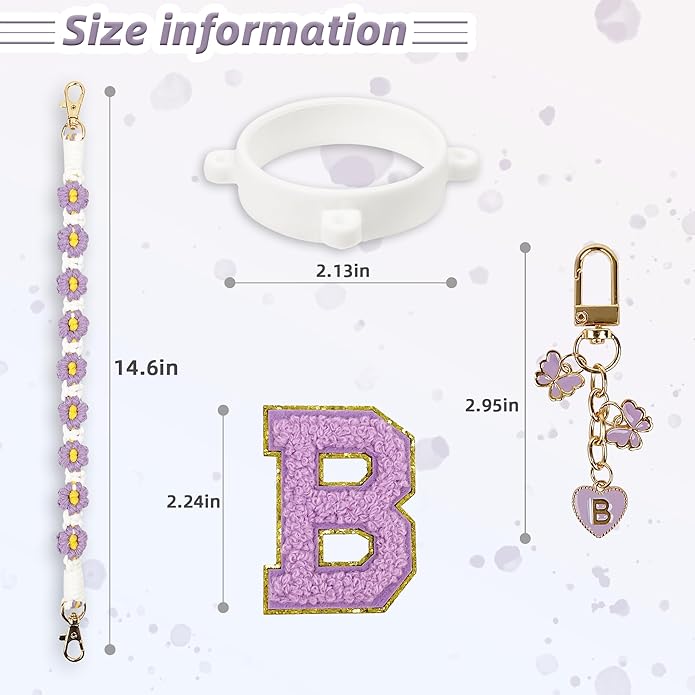 Compatible with Owala Water Bottle Accessories, Cute Letter Charm Set with Boho Handle Strap, Monogram Sticker, Silicone Ring, Keychain Decoration, for FreeSip 24 32 40oz, Owala Kids, Tumbler Gift SITKOL