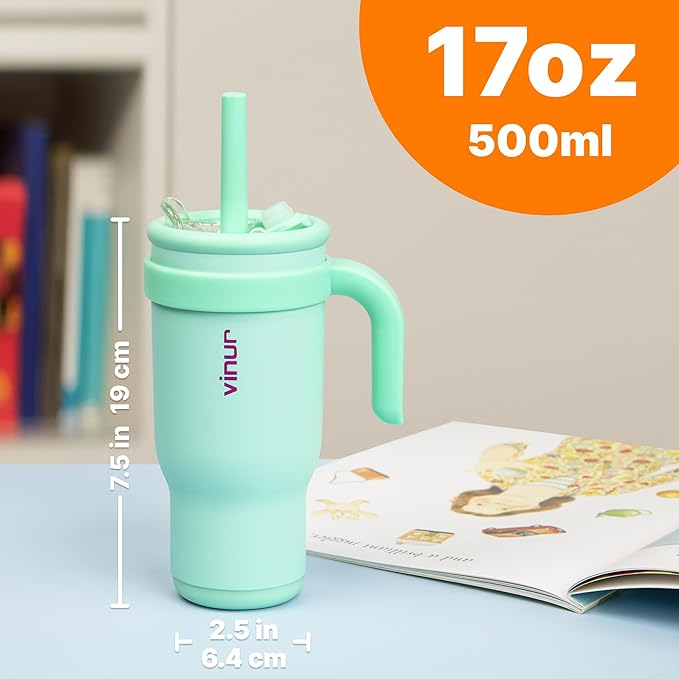 VINUR Kids 17 oz Tumbler with Handle and Straw Lid-2 Pack Stainless Steel Insulated Tumbler Travel Water Cup with Rubber Base-Cup Holder Friendly (Teal-Rose Pink) - Bloomnest