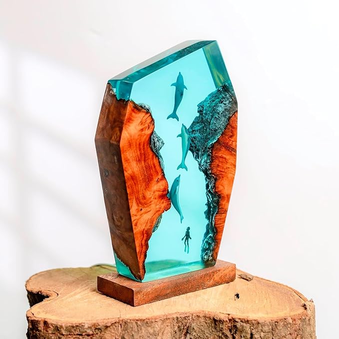 Handmade 3D Ocean Resin Lamp, Epoxy Ocean Night Light with Wooden Base, LED Color Changing Table Lamp, USB Powered Dragons Decor, Unique Ocean Gift for Bedroom & Home Office (Dolphin&Diver) - Bloomnest