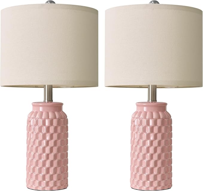 20.5" Pink Table Lamps Set of 2,Modern Farmhouse Bedside Lamps - Ceramic Nightstand Lamps for Bedroom,Boho Living Room End Tables,Small Office Desk Lamp - Bloomnest