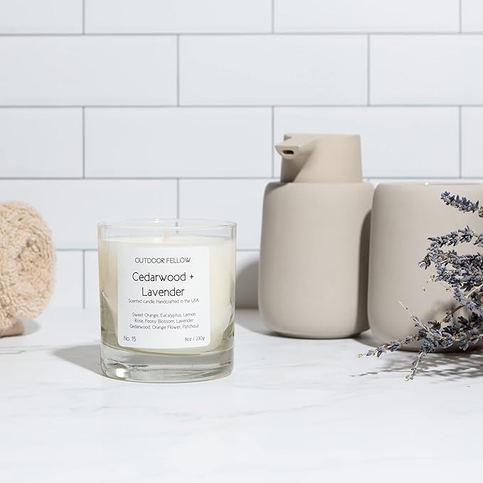 Outdoor Fellow Cedarwood and Lavender Scented Candle, 8oz, Coconut & Apricot Wax Blend, Sweet Orange, Lavender, Cedarwood, Reusable Glass, 40-50 Hour Burn Time - Bloomnest