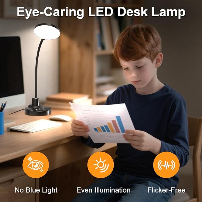 15W LED Desk Lamp with USB Charging Ports – Dimmable Table Lamp with 3 Color Temps, 5 Brightness, 4 Timers, Flexible Gooseneck Light with Base, Eye-Caring Reading Light for Home Office, Bedroom, Study - Bloomnest