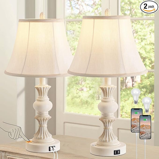 Touch Control Table Lamp Set of 2, 3-Way Dimmable Bedside Lamp with 2 USB Charging Ports, French Country Style Nightstand Lamps with Faux Silk Shade for Living Room, Bedroom - Antique White - Bloomnest