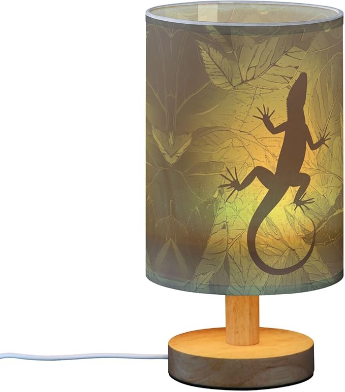 Table Lamp Chameleon Lizard Gecko Shape on Green Leaf Nightstand Lamp with Wood Base Fabric Lamp Shade Bedside Desk Lamp for Living Room Bedroom Kids Room Office - Bloomnest