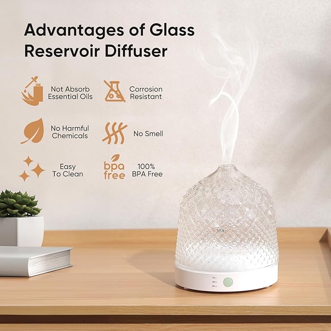 Glass Essential Oil Diffuser, 200ml Ultrasonic Aroma Diffusers with Glass Reservoir Dome & White Plastic Base Lock Color Auto-Off Timer 7 Color Light for Home Office Bedroom Yoga - Bloomnest