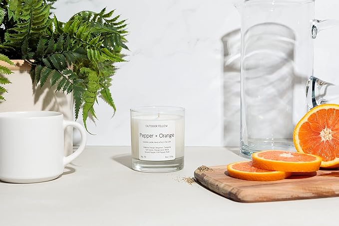 Outdoor Fellow Pepper + Orange Candle, 8oz, Coconut & Apricot Wax Blend, Bergamot, Neroli, Chili Pepper, 40+ Hour Burn Time, Citrus Scented Candle, Vibrant Home Fragrance - Bloomnest